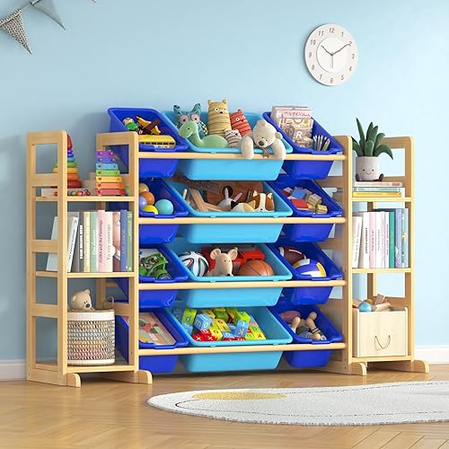 Organizador grande de almacenamiento de juguetes para niños, organizador de juguetes y estantería combinada con 12 contenedores y 6 estantes, caja