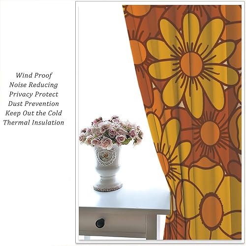 Miniatura 5 de Cortinas opacas inspiradas en los años 70, bonitas flores marrones y amarillas, con bolsillo para barra, para dormitorio, sala de estar, cocina,