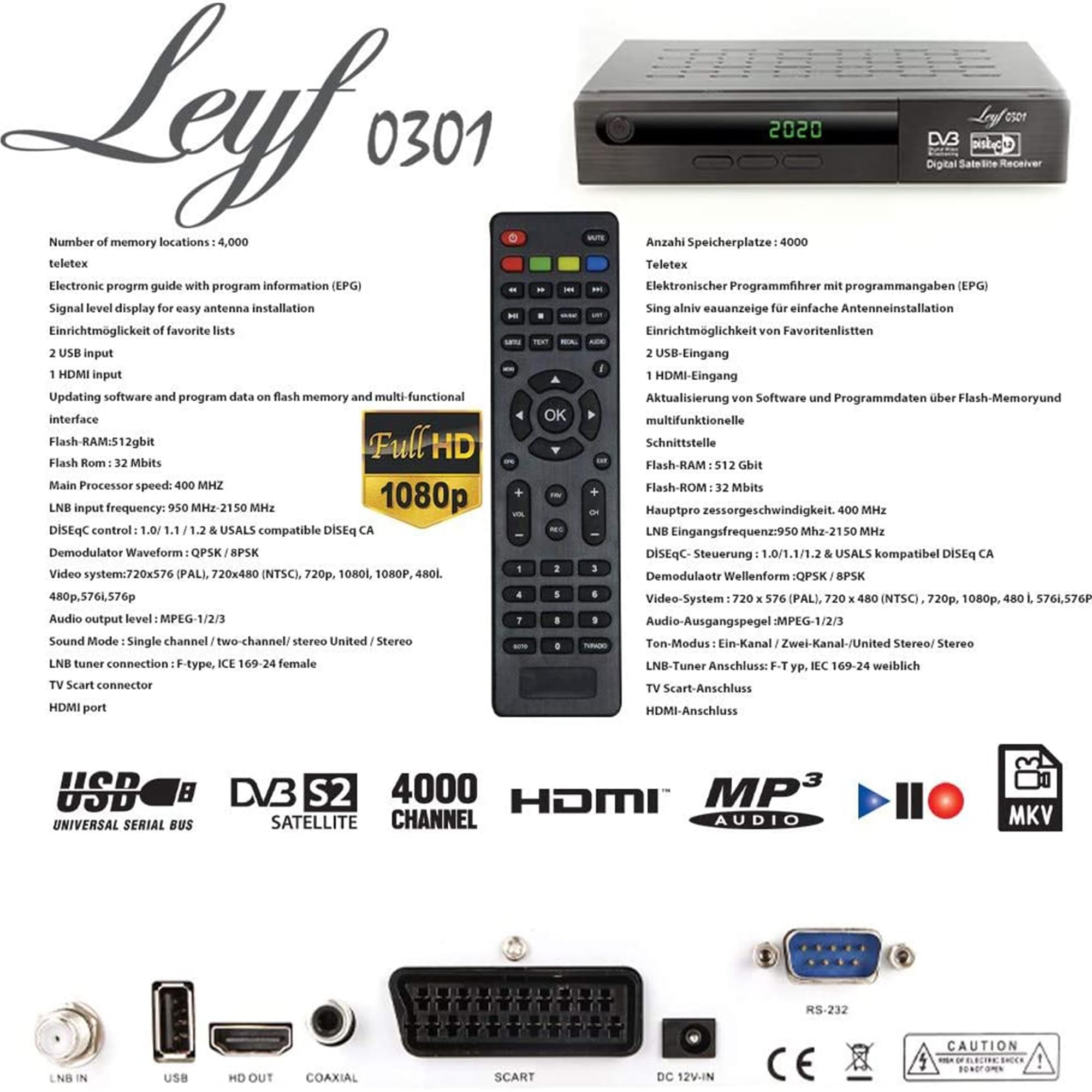 Leyf Satellite Receiver Digital Satellite Receiver (HDTV, DVB-S/DVB-S2, HDMI, SCART, 2X USB, Full HD 1080p) [Pre-Programmed for Astra, Hotbird and Türksat] + HDMI Cable