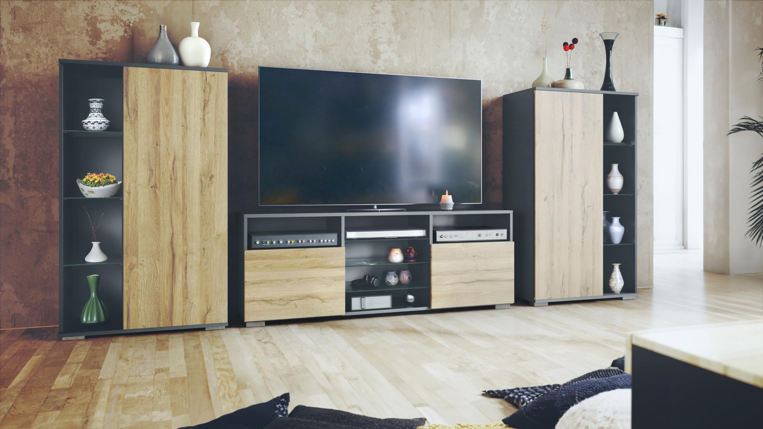 Vladon Wohnwand Davos, Anbauwand bestehend aus 2 Vitrinen und 1 TV-Board, Anthrazit matt/Eiche Natur (329 x 134 x 35 cm)