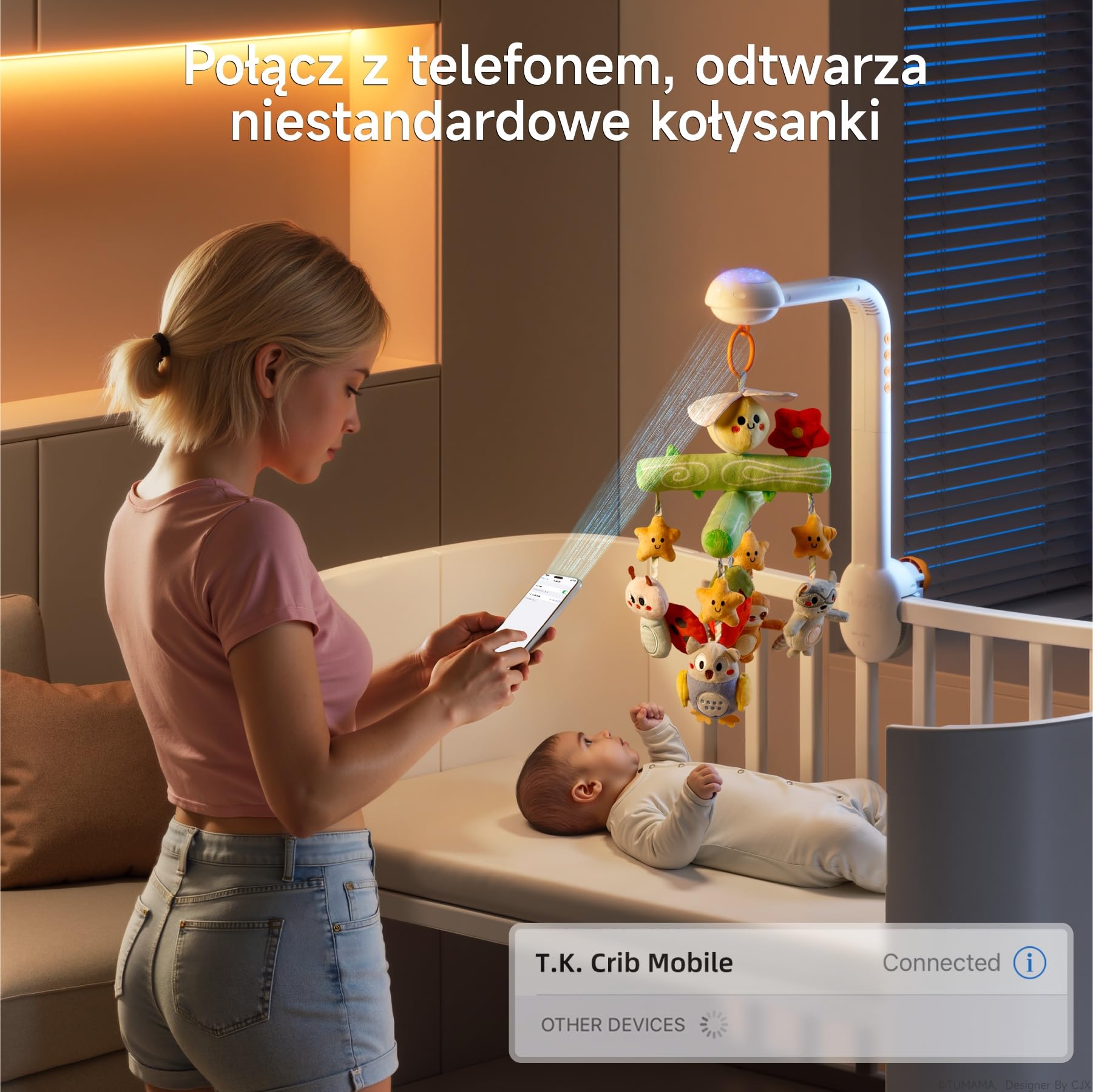 TUMAMA KIDS Mobilne łóżko muzyczne, lampka nocna z projekcją światła, zabawka dla niemowląt 0 3 6 9 miesięcy, mobilny pilot do łóżeczka dla dziecka sensoryczna zabawka na prezent dla urodzonych