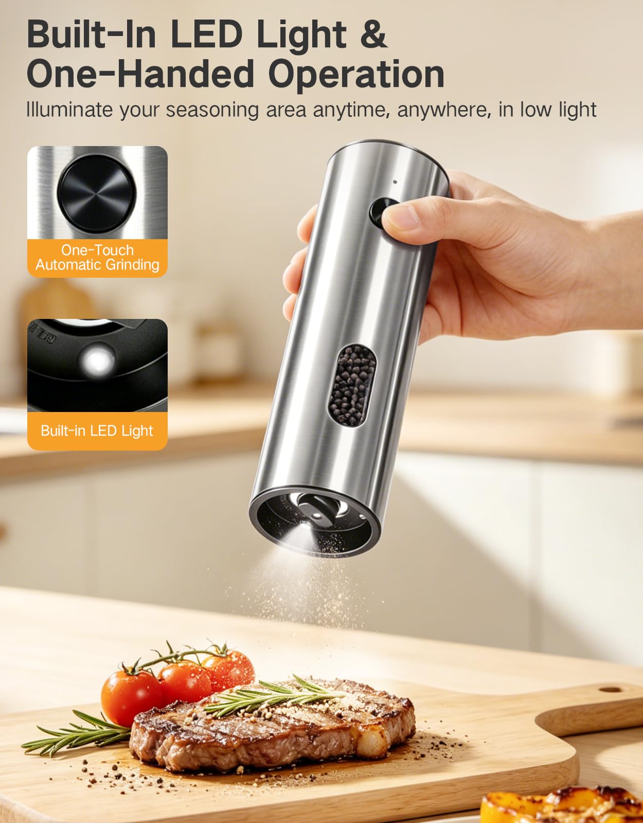 Molinillo Eléctrico de Sal y Pimienta Recargable 110 ml, Gran Capacidad, Base de Carga USB-C, Luz LED, Molienda Automática Ajustable, Perfecto para Cocina y Hogar