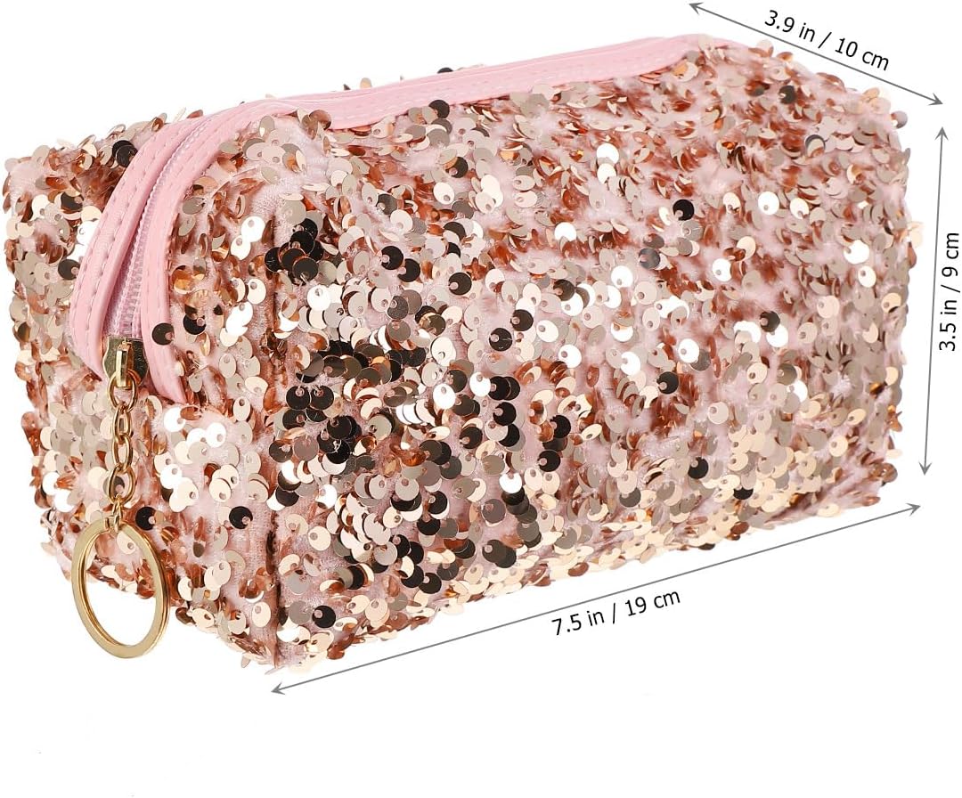 VALICLUD Pink Sequin Makeup Bag Portable Travel Cosmetic Organizer Zipper Pouch for Women Large Capacity Toiletry Storage - Image 5
