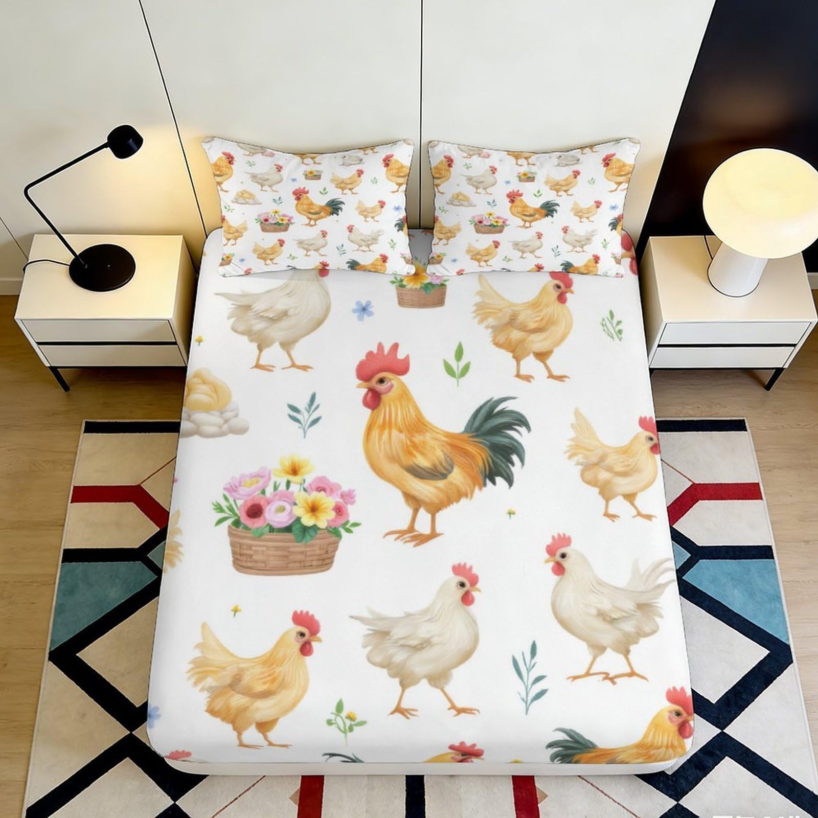 3D Printed Chicken Pattern Fitted Sheet Microfiber Soft Breathable Rooster Design Mattress Cover for Bedroom Dormitory Guest Room Mattress Protection Decor 140x200x25cm