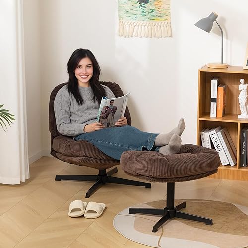 Miniatura 7 de HollyHOME Moderna silla giratoria de 360 con otomana, cómoda silla de lectura tapizada y reposapiés, silla perezosa de tela con cojín suave, sofá