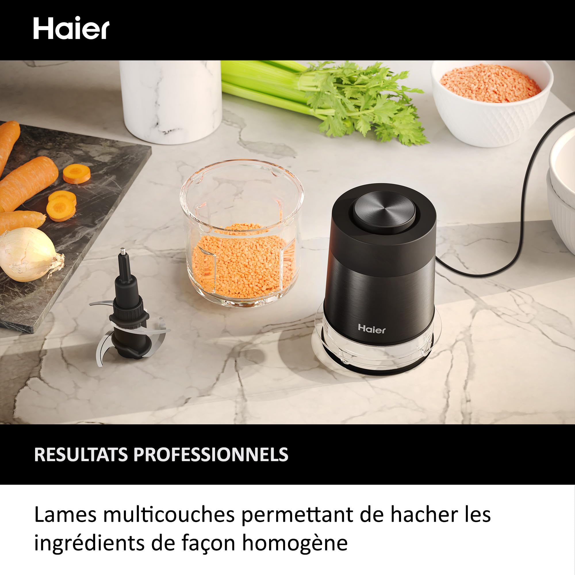 Haier I-Master Series 5 Mini-Hachoir, Puissant 550W, 2 Vitesses, Hachoir de Légumes, Base Antidérapante, Bol en Verre de 0,5L [Noir]
