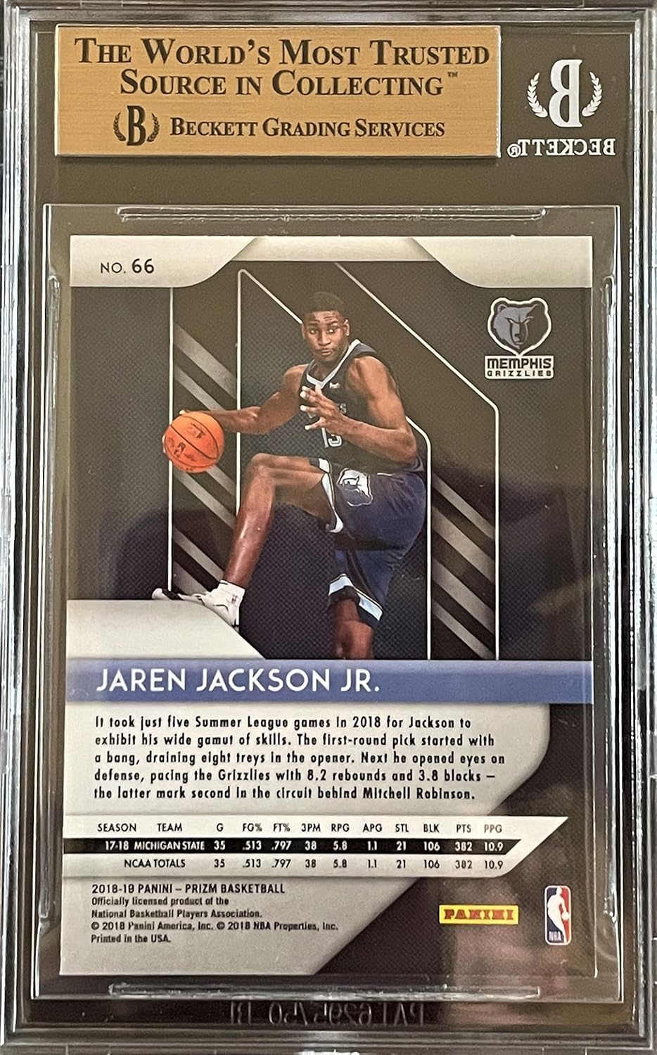 2018-19 Panini Prizm JAREN JACKSON JR Basketball ROOKIE Card Beckett BGS GEM MINT 9.5 - Professionally Graded - Memphis Grizzlies