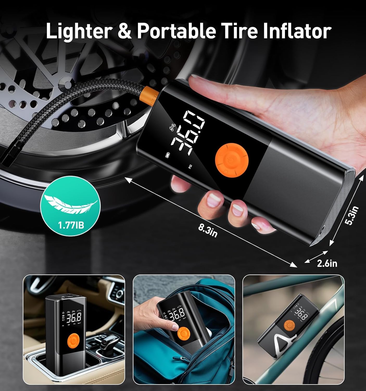 Tire Inflator Portable Air Compressor Air Pump for Car Tires with LED Light Cordless Tire Pump with Pressure — view 5