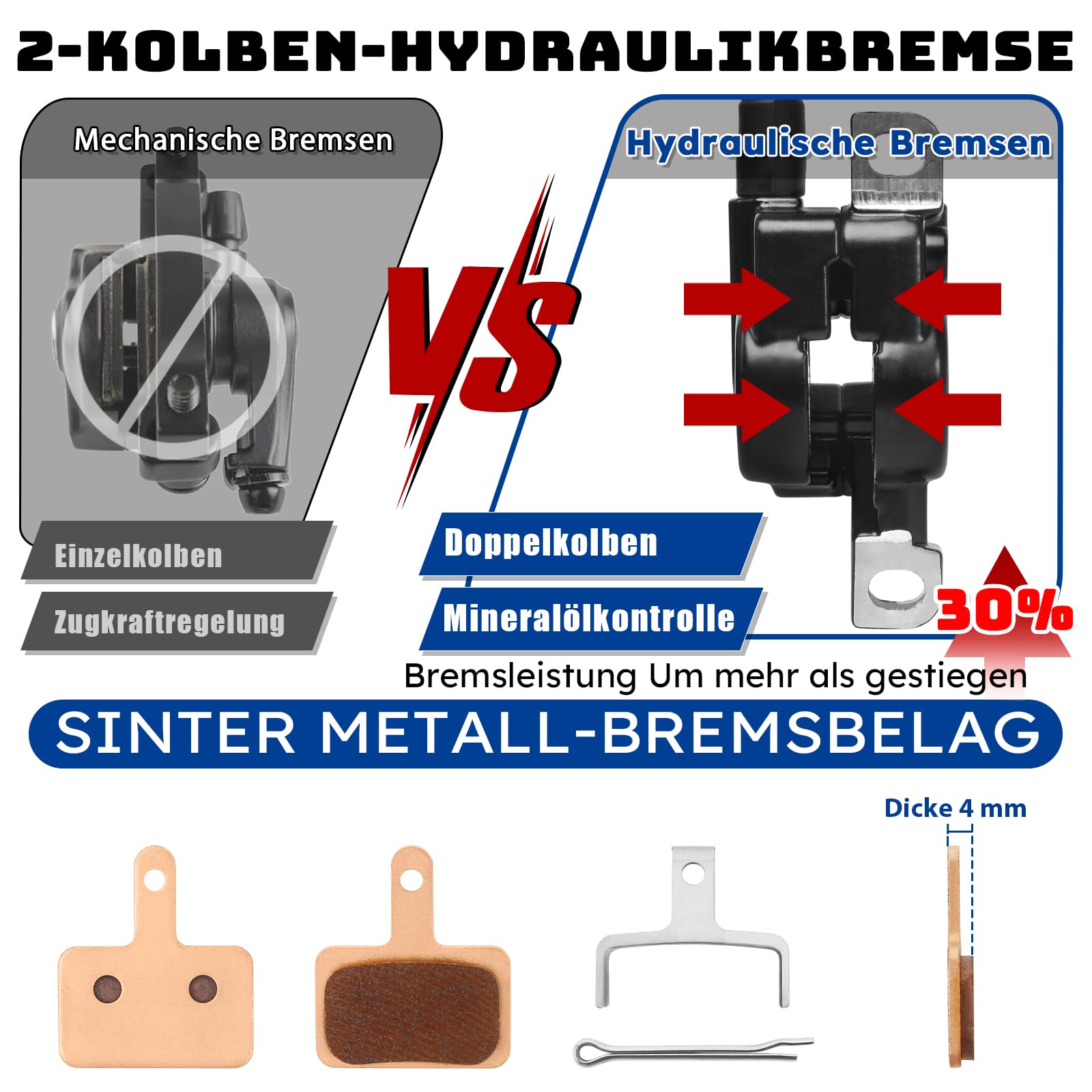 E-Bike Hydraulik-Scheibenbremsensatz – 2/4 Kolben, elektrisch abschaltbar, Links vorne 1100 mm, rechts hinten 1800 mm, Hebel aus Aluminiumlegierung für Roller/MTB-Mountainbike