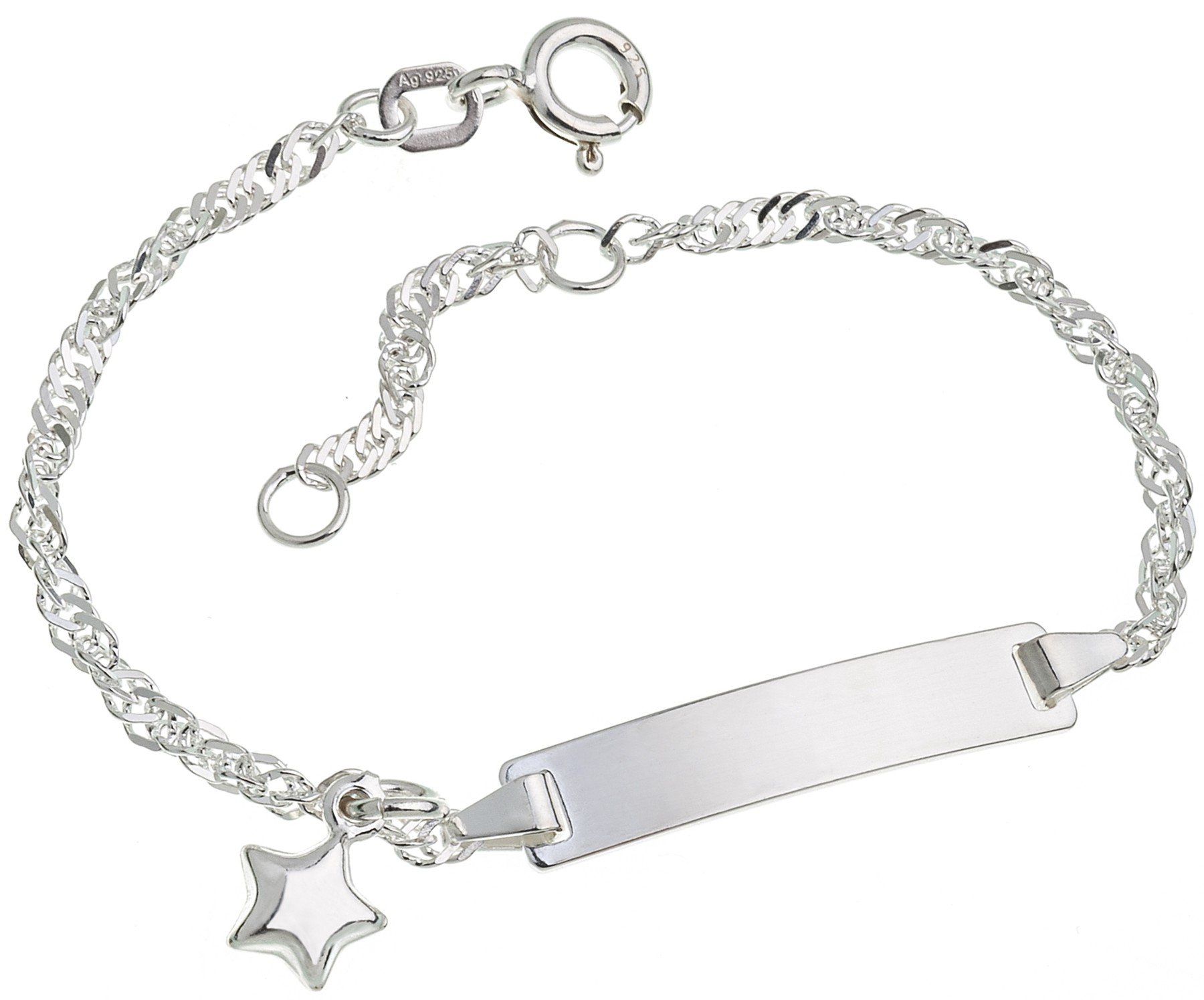 Silberketten-Store Baby- & Kinder ID Armband Singapur mit Stern-Anhänger inkl. Gravur & Geschenksäckchen I aus 925 Silber I nickelfrei für Allergiker geeignet I 10 Schriftarten