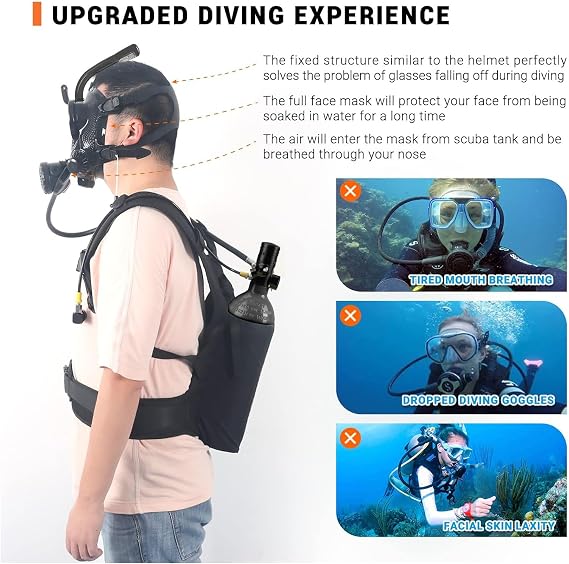 Mini Scuba Tank with Full Face Scuba Mask, 1L Portable Mini Diving Tank Reusable Pony Bottle Provide 15-20 Minutes Breath Support for Underwater Exploration Rescue(No More Than 33 ft)