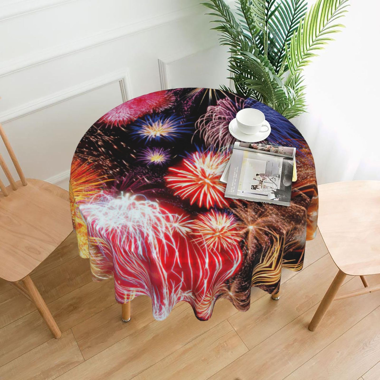 SDEGTHO Beautiful Fireworks Print Modern Retro Round Tablecloth 60in Polyester Fabric Cover for Party Dining Table Washable