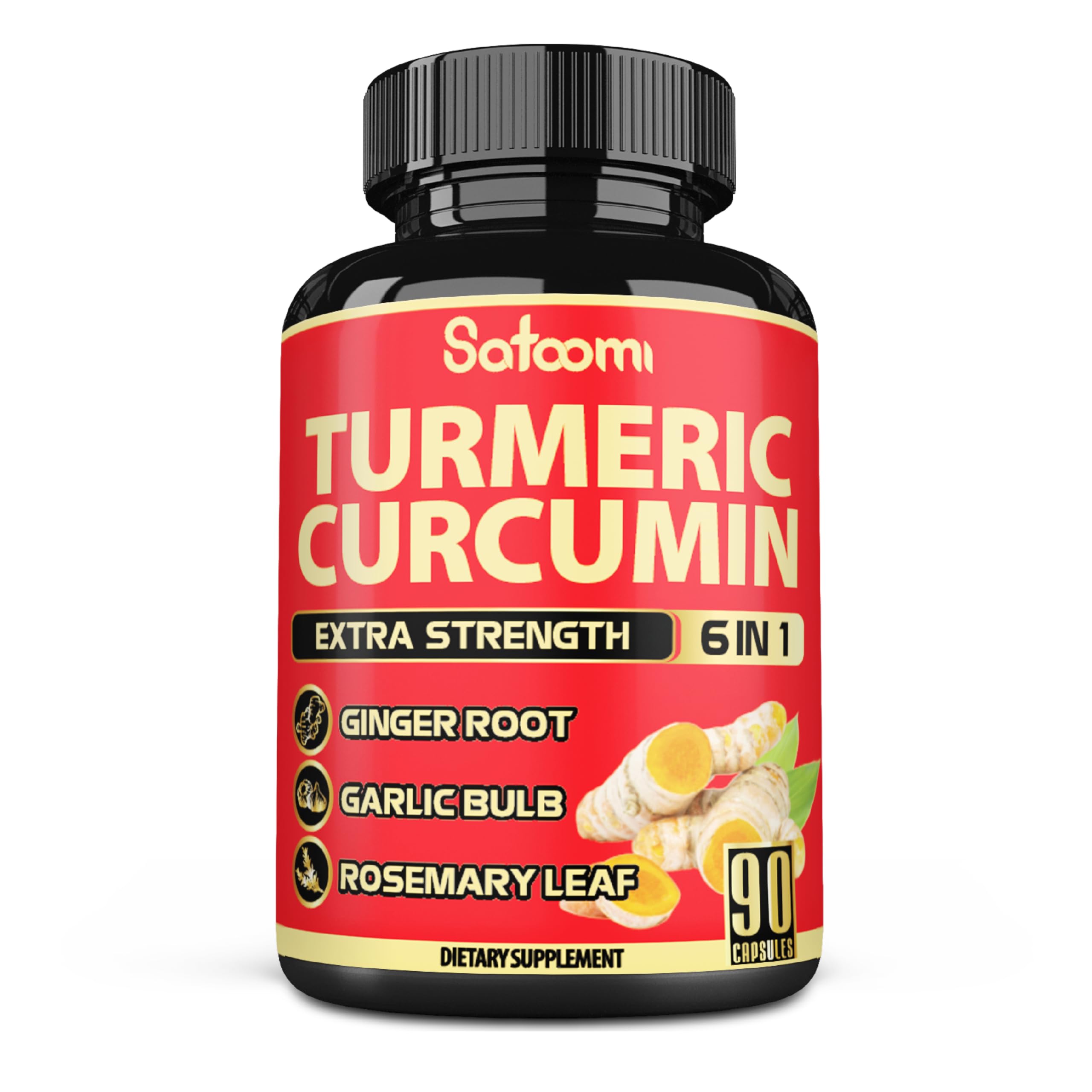 Satoomi 6in1 Turmeric Curcumin Supplement - 3 Month Supply - 95% Curcuminoids with Ginger Root, Garlic Bulb, Rosemary & Black Pepper - 90 Capsules