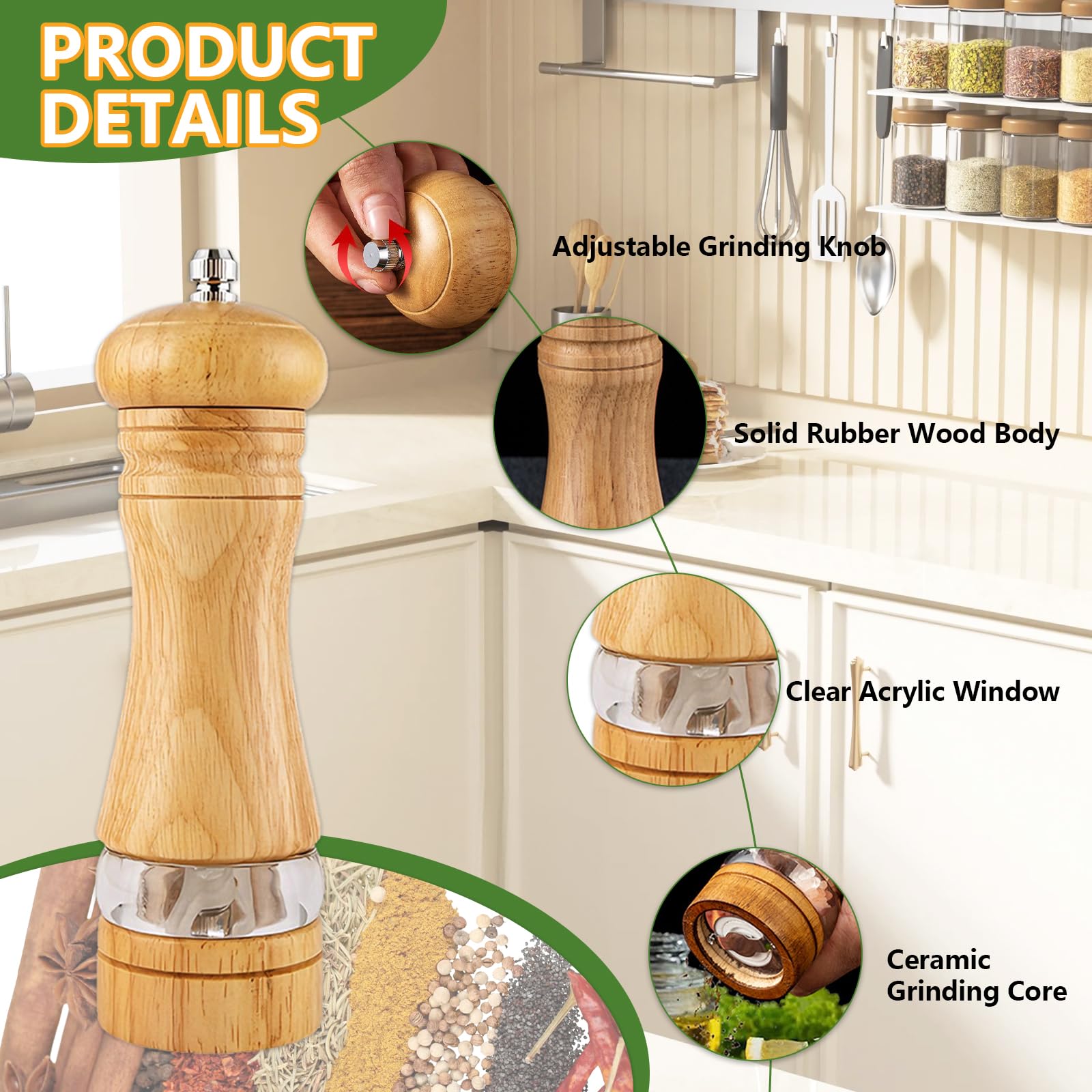 Set Macina Sale e Pepe in Legno, 2 Pezzi da 16,5 cm, Macina Pepe Manuale con Meccanismo in Ceramica Regolabile, Vassoio e Pennello per Spezie, Cumino, Sesamo, Paprika
