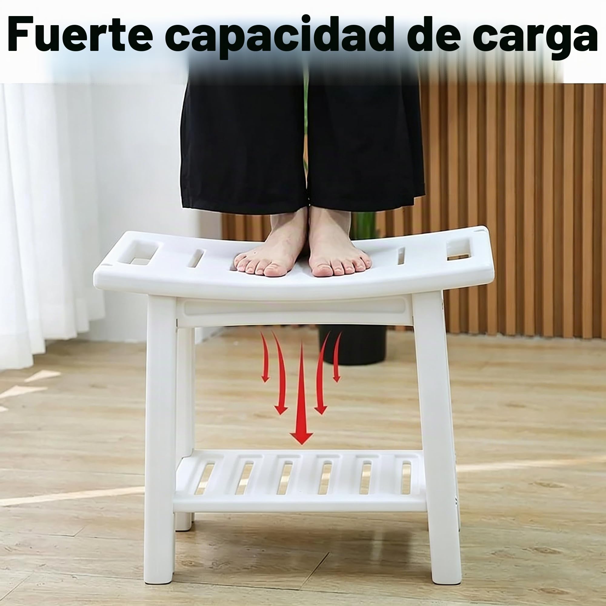 Taburete Ducha，Asiento Impermeable con Estante para Baño, Banco Antideslizante para Interior y Exterior,Asiento de Ducha con Soporte para Cabezal de Ducha,Blanco (Blanco)