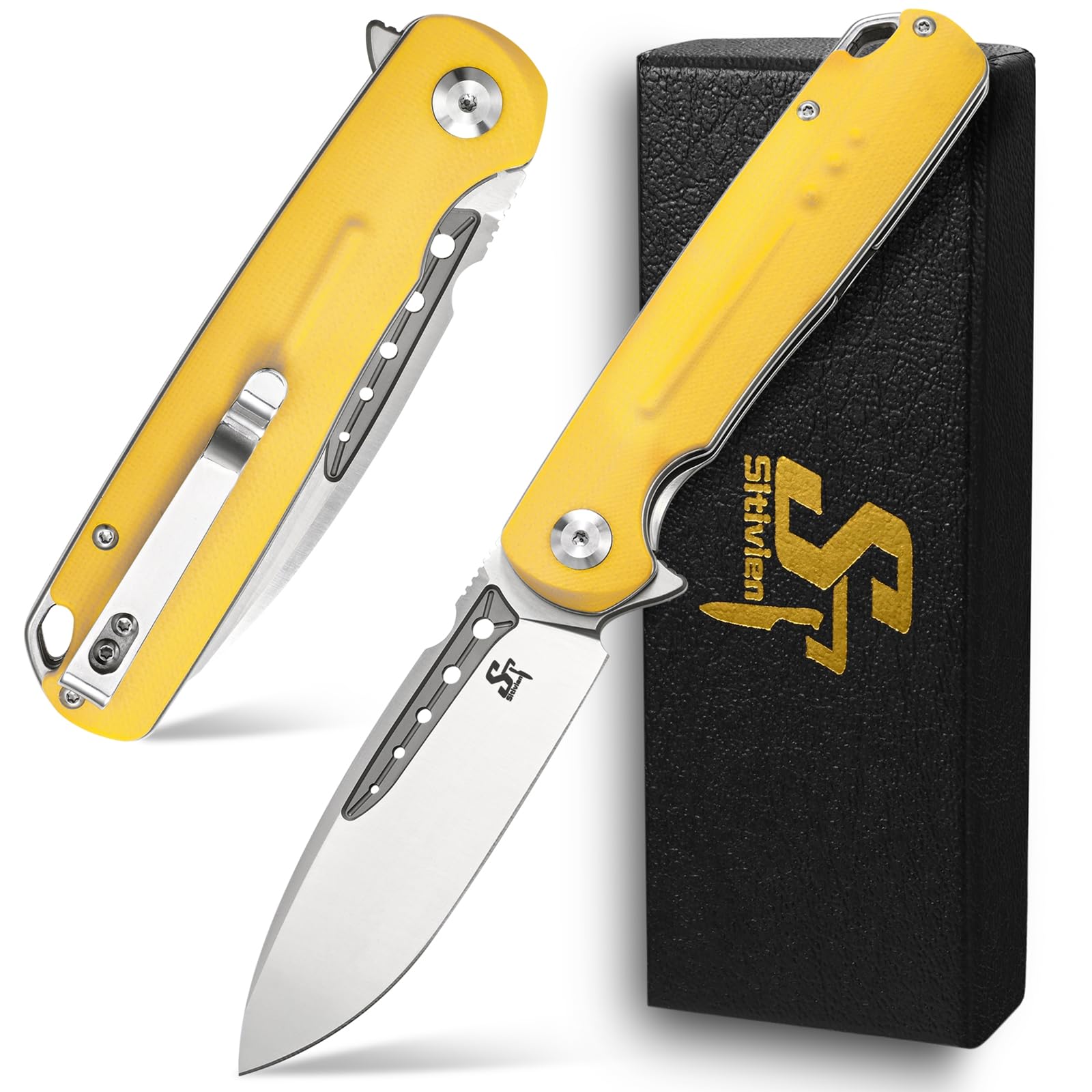Sitivien ST131 Folding Knife,D2 Blade G10 Handle EDC Tool Knife with Liner Lock for Outdoor Camping Hiking Fishing(Yellow)