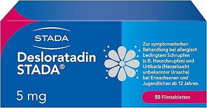 Desloratadine STADA 5 mg Film-Coated Tablets for Symptomatic Treatment of Allergic Runny Nose (eg Hay Fever) and Urticaria (hives of unknown cause) Pack of 50