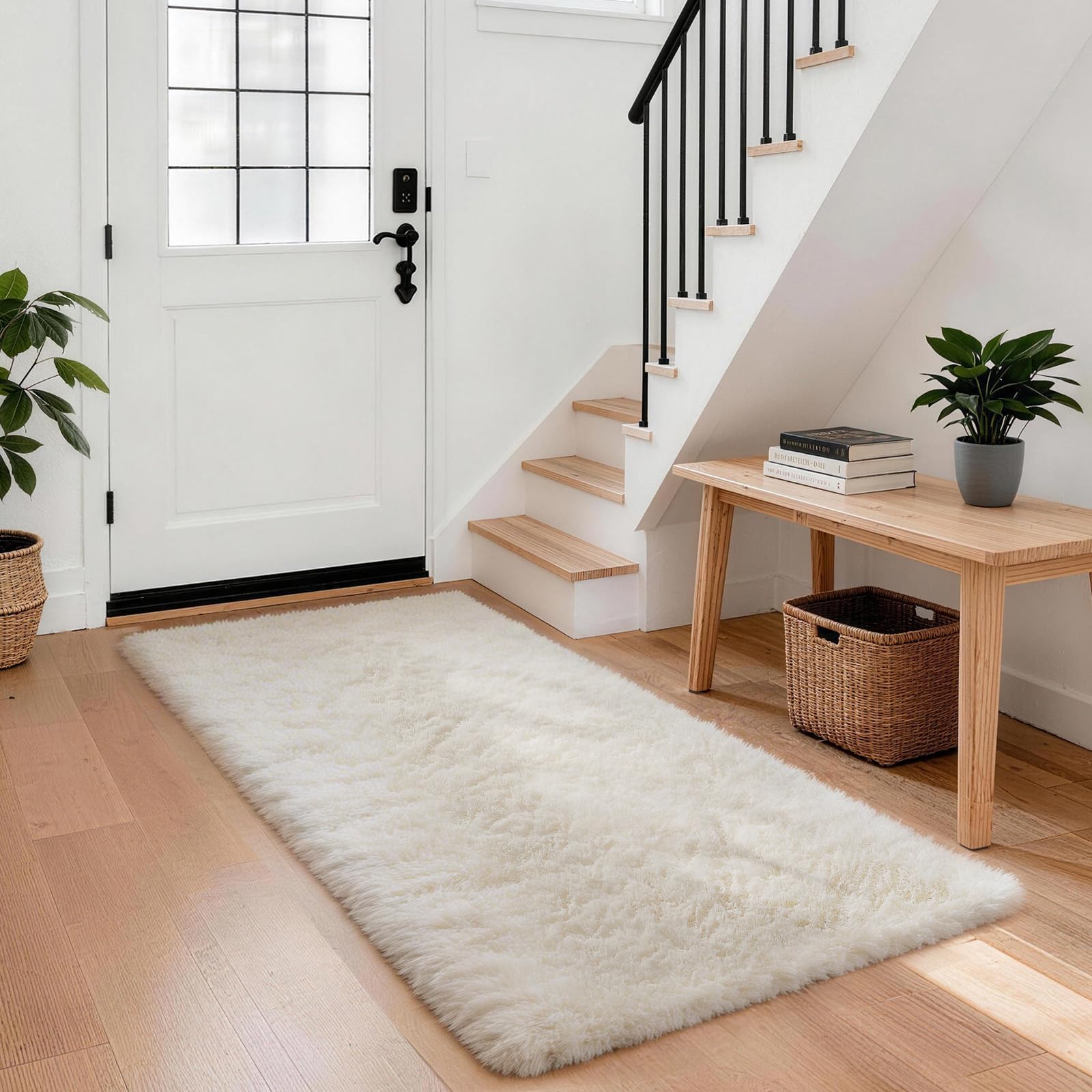 Ophanie Runner Rug for Hallway, 3x6 Washable Non-Slip Fluffy Soft Bedside Rugs, Bedroom Living Room Shaggy Carpet for Kids Girls Boys Dorm Nursery Decor Aesthetic, Ivory with Over 99 pcs Pile fibers