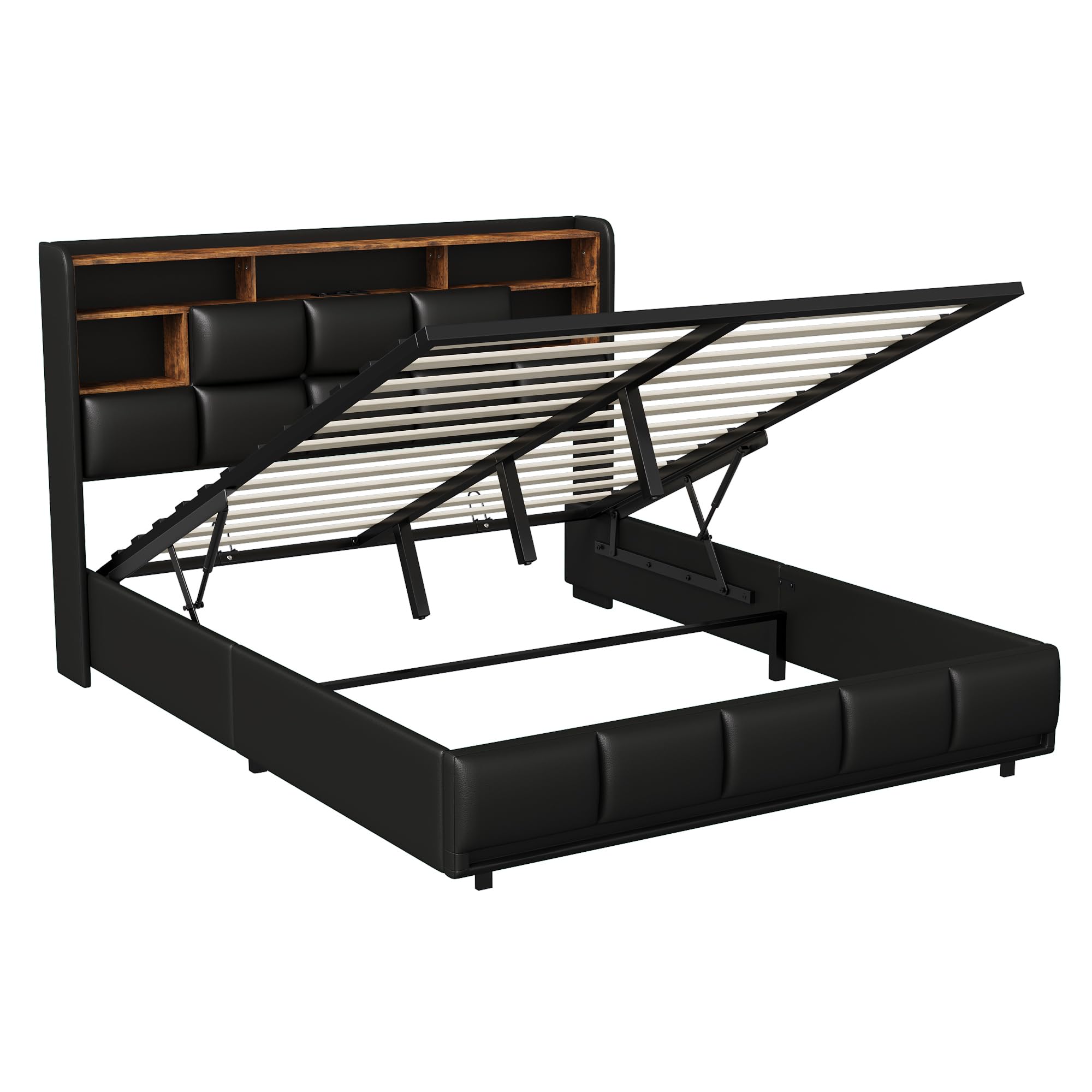 Letto imbottito 160 x 200 cm con illuminazione LED, letto matrimoniale con spazio di archiviazione e soppalco, testiera con funzione di ricarica USB tipo C e spazio di archiviazione idraulico