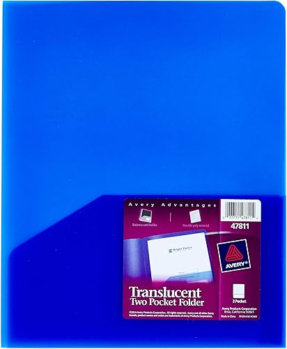 Avery Carpeta translúcida de dos bolsillos, resistente al agua, con capacidad para hasta 20 hojas, 1 carpeta azul (47811)