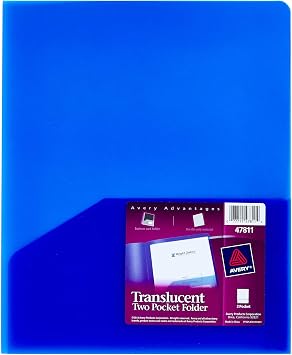 Avery Translucent Two Pocket Folder, Water Resistant, Holds up to 20 Sheets, 1 Blue Folder 47811