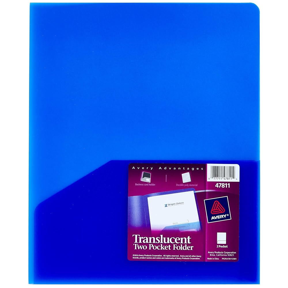 Avery® Translucent Two Pocket Folder, Water Resistant, Holds up to 20 Sheets, 1 Blue Folder (47811)