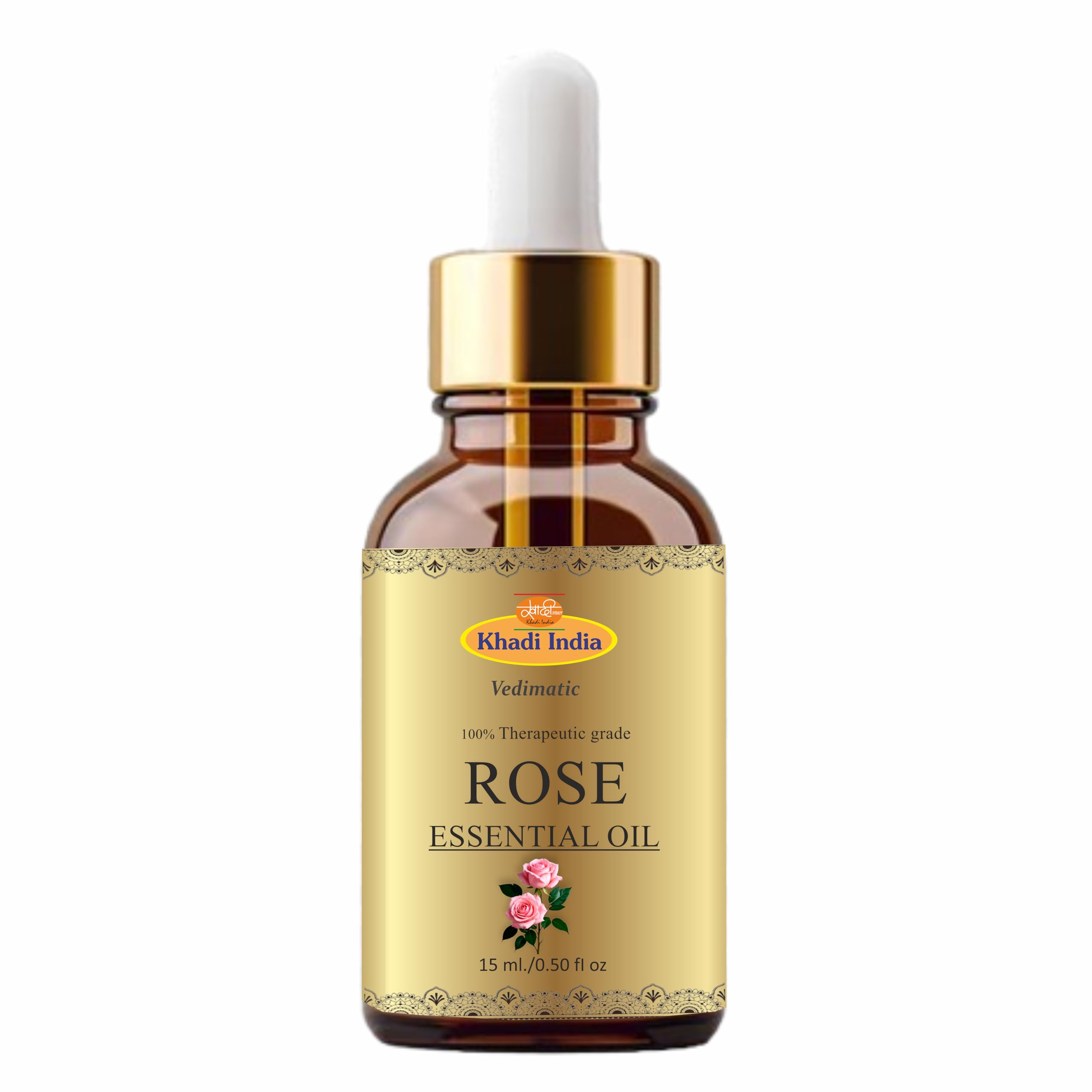 Khadi 100% Pure Herbal Natural Rose Essential Oil, For Skin And Aroma with Self Dispensing Dropper Plug (Pack Of 1, 15ml., Rose)
