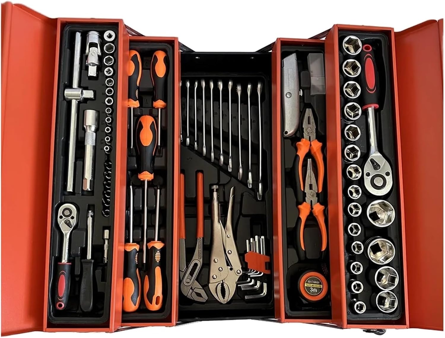 85pcs Portable Folding Toolbox Set Auto Repair Household Car Storage Multi-Functional Multi-Layer Tin Box Wrench Ratchet Group