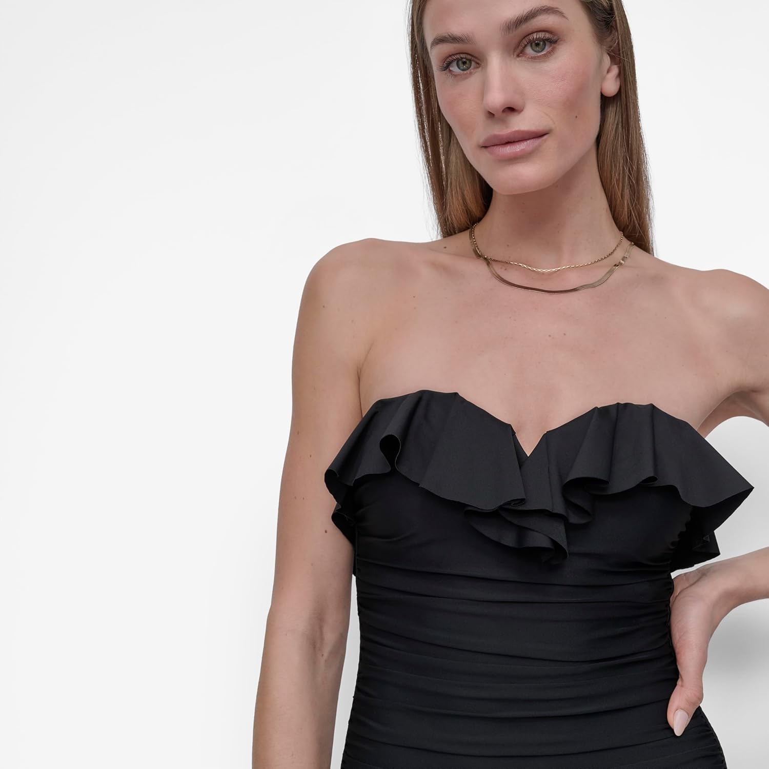 DKNY Womens Pin-up Ruffle Bandeau One Piece Swimsuit with Tummy Control - Image 5