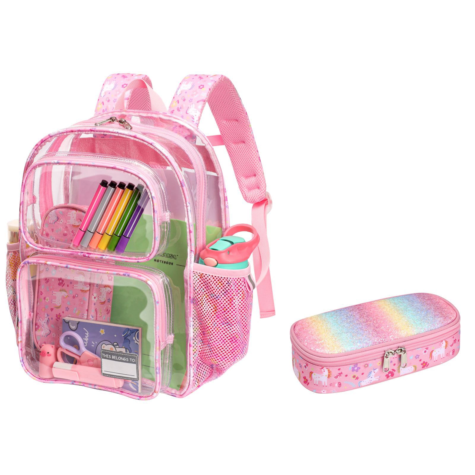 Bagseri 2pcs Clear Backpack for Girls - 15 Inch School Bag with Matching Pencil Case Heavy Duty Transparent
