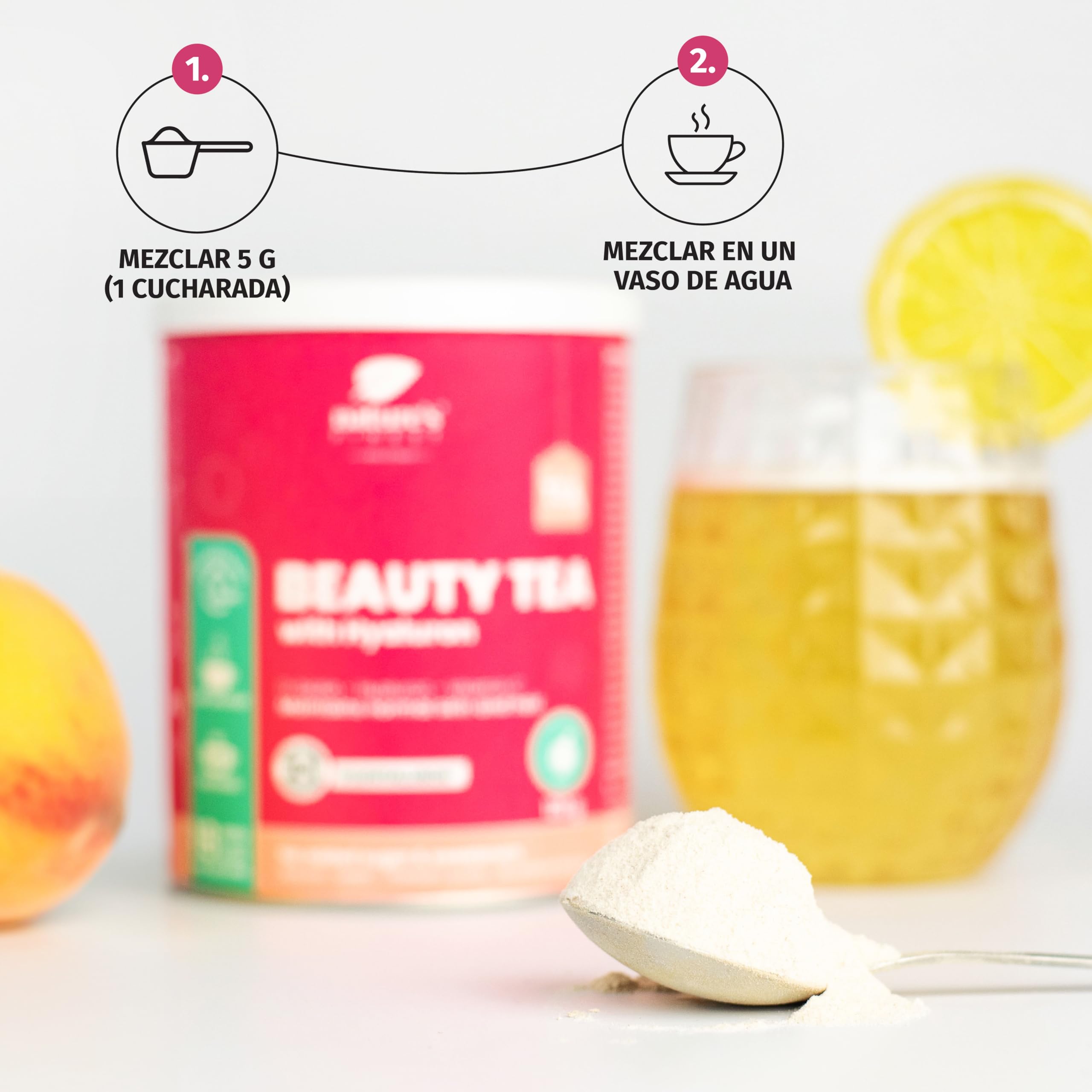 Nature's Finest Beauty Tea, Té Instantáneo 600 g (Paquete de 5) | té instantáneo con ácido hialurónico, biotina y vitamina C - sabor melocotón - sin edulcorantes - se disuelve en agua tibia