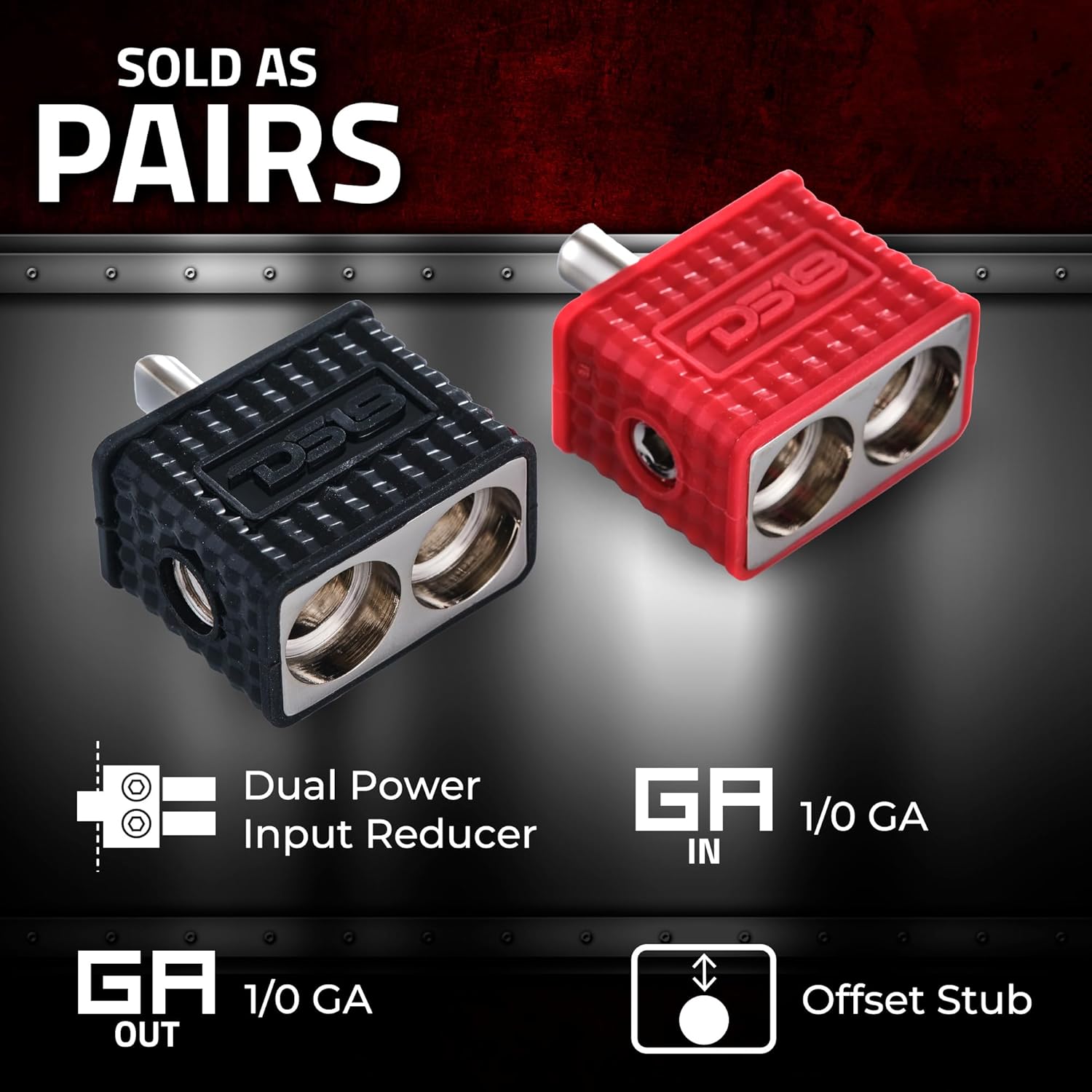 DS18 Amp Input Reducers with Offset Stub & Red/Black Silicone Cover, Marine Grade, Wire Reducer Power/Ground Input Reducer, Amplifier Wire Connector, Pair (Dual 1/0-GA to 1/0)