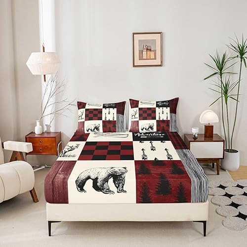 Miniatura 4 de Rustic Lodge - Juego de sábanas tamaño individual con diseño de oso y alce, diseño de retazos, color rojo y negro, a cuadros, ropa de cama de
