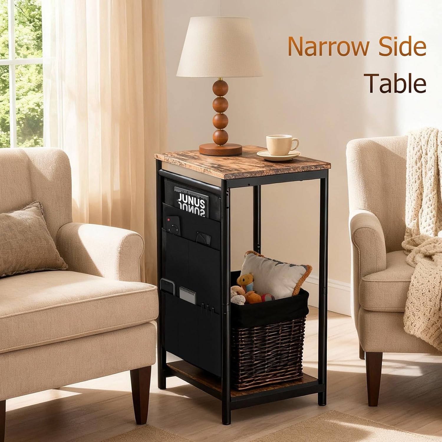 Small Narrow Side Table,Slim End Table with Storage Pockets for Small Spaces,Living Room,Bedroom,Sofa Couch,Office,Skinny Nightstands with 2 Tiers Open Storage,Rustic Brown