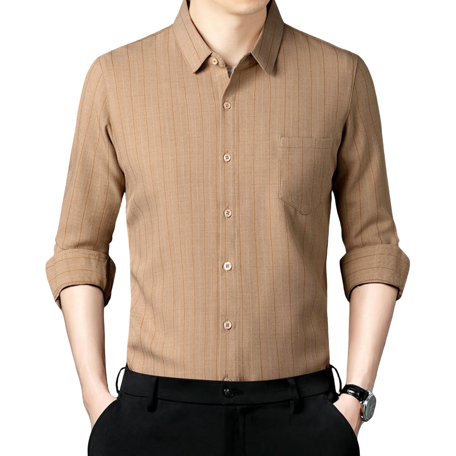 Camisa de manga larga con cuello transpirable a rayas de algodón y algodón para hombre