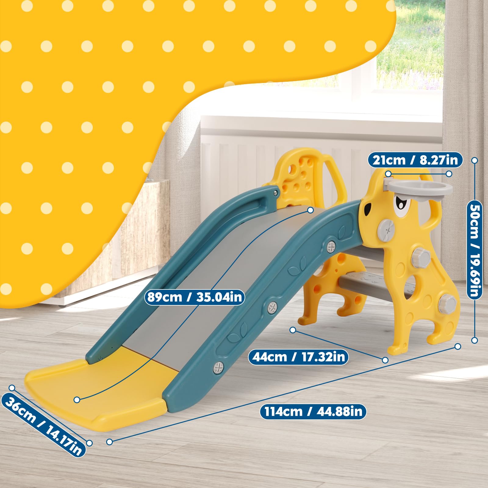 Tobogán Infantil 3 En 1 Tobogán para Niños De 3 Años con Escalera Antideslizante, Canasta De Baloncesto Y Pelota, Bordes Suaves Y Redondeados para Interior Y Jardín, Diseño De Perro, Color Amarillo