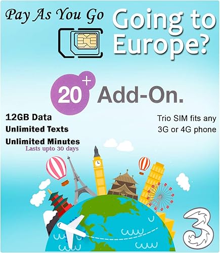 Tarjeta SIM prepagada de Europa (UK Three) 2 GB5 GB12 GB de datos+minutos ilimitados + textos ilimitados durante 30 días con itineranciauso gratuito
