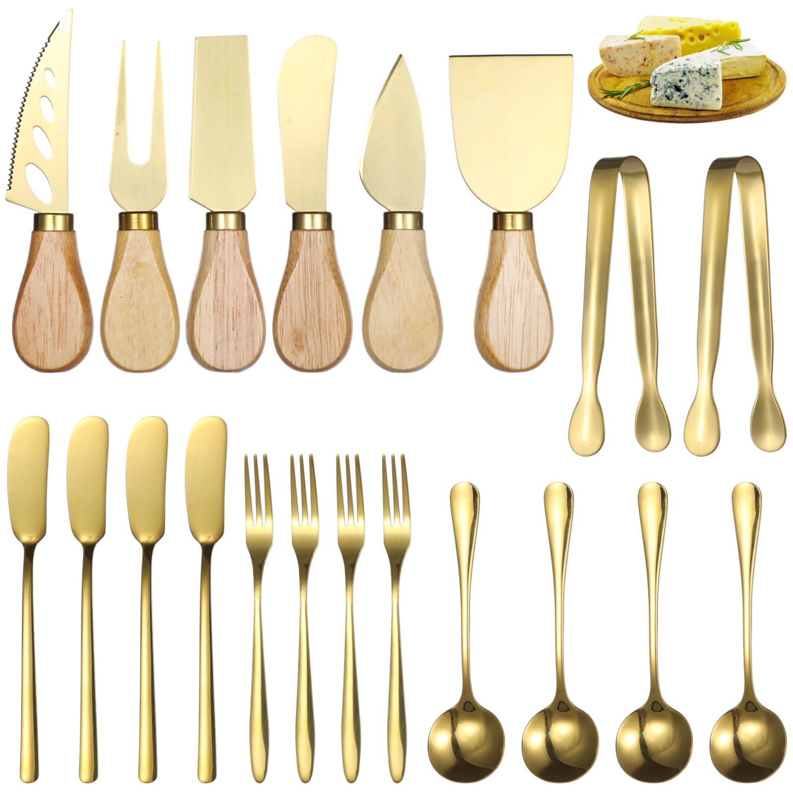 Accessoires pour plateau de charcuterie, lot de 20 pièces, 6 couteaux à fromage avec cuillères, fourchettes, tartineurs et pinces de service, ustensiles à manches en bois pour beurre et fromage