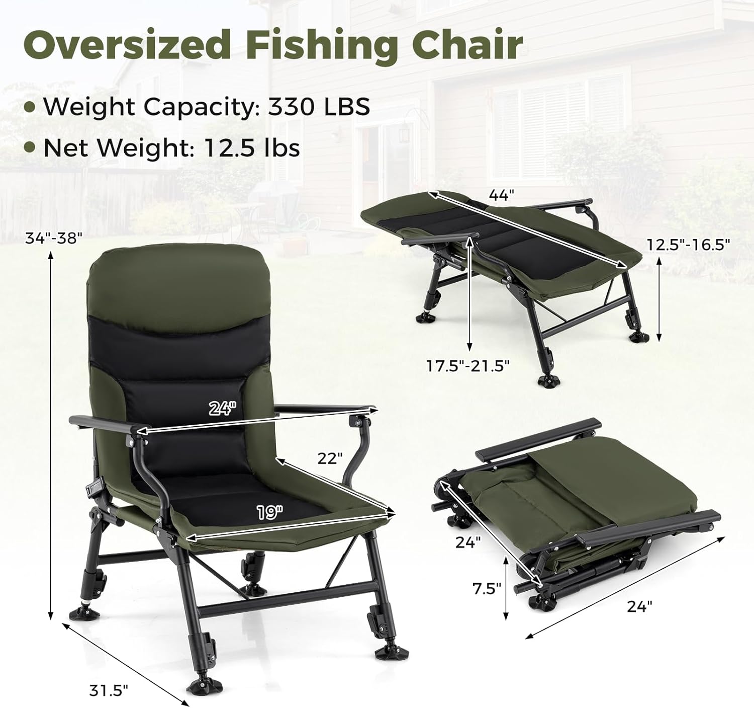 Goplus Oversized Foldable Fishing Chair for Adults, Heavy Duty All-Terrain Camping Chair with Padded High-Back, Armrest, Adjustable Feet, Portable Recliner for Outdoor Patio Beach Garden