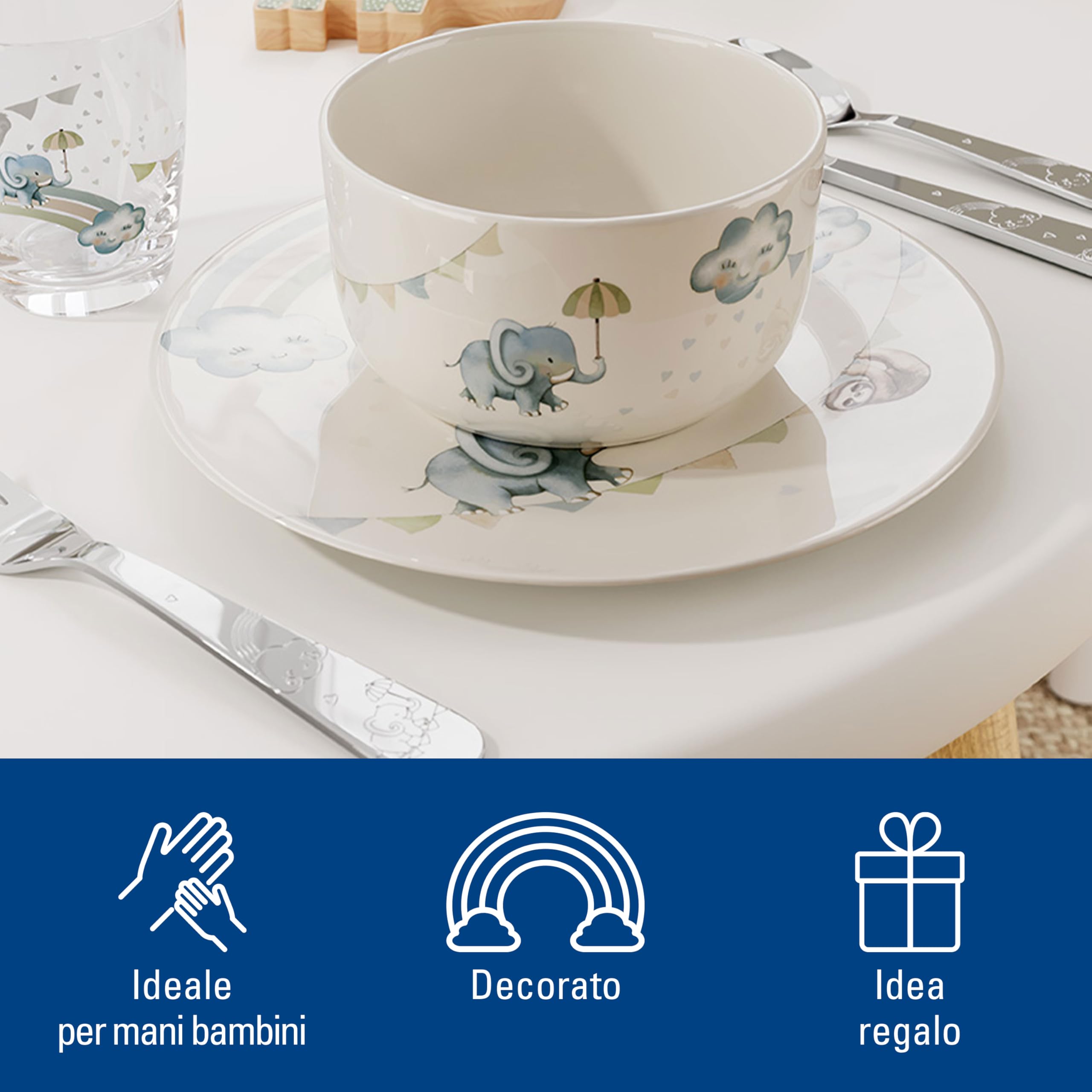 Villeroy & Boch - Walk like an Elephant Set di Stoviglie per Bambini 7 Pezzi Blu, Lavabile in Lavastoviglie, Adatto per Microonde, Stoviglie, Piatti, Tazzine, Ciotola, Servizio, Porcellana Premium