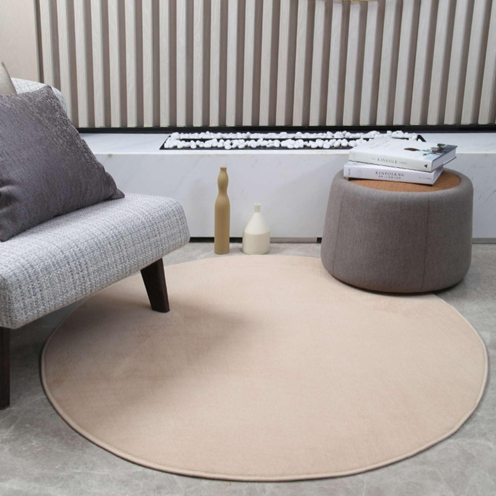 Tapis de salon lavable et anti-poussière rond chameau 100 cm