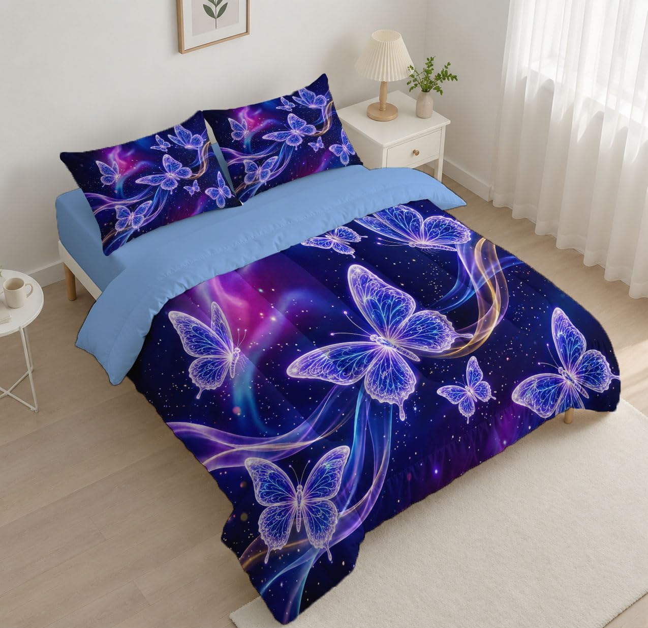 Fantasy Insects Quilt Set Full 3 Pieces, Purple Quilts Bedding Set Glowing Butterflies Bedspread Bed Cover Lightweight Spring Summer Beds Coverlet for All Season - 79"X90"