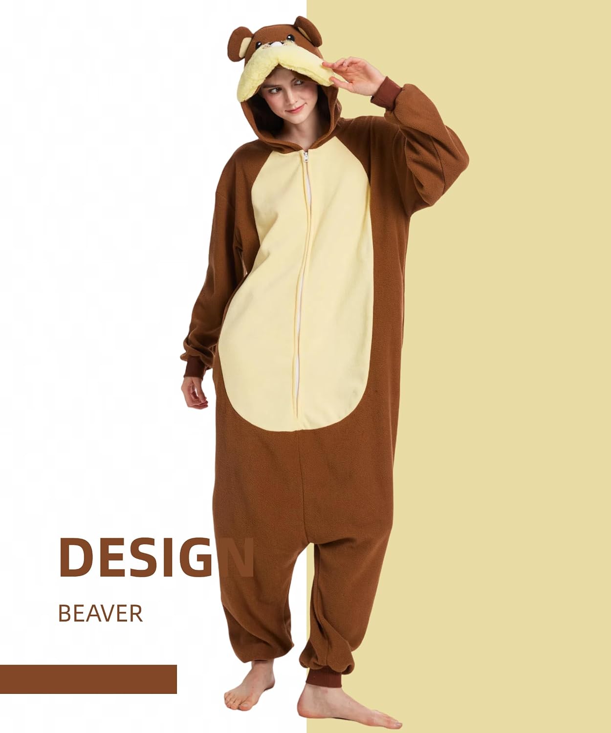 Unisex Adult Animal Onesie Pajamas, Men Women Flannel Halloween Cosplay Beaver Costume