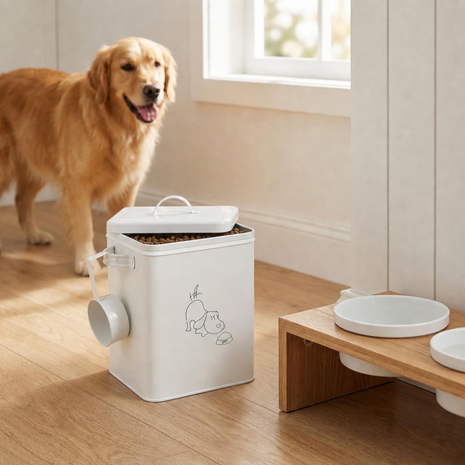 SOUJOY Contenitore per alimenti e dolcetti per animali domestici, con coperchio e paletta, 2,7 kg, bianco, vintage, in acciaio al carbonio, regalo per proprietari di cani