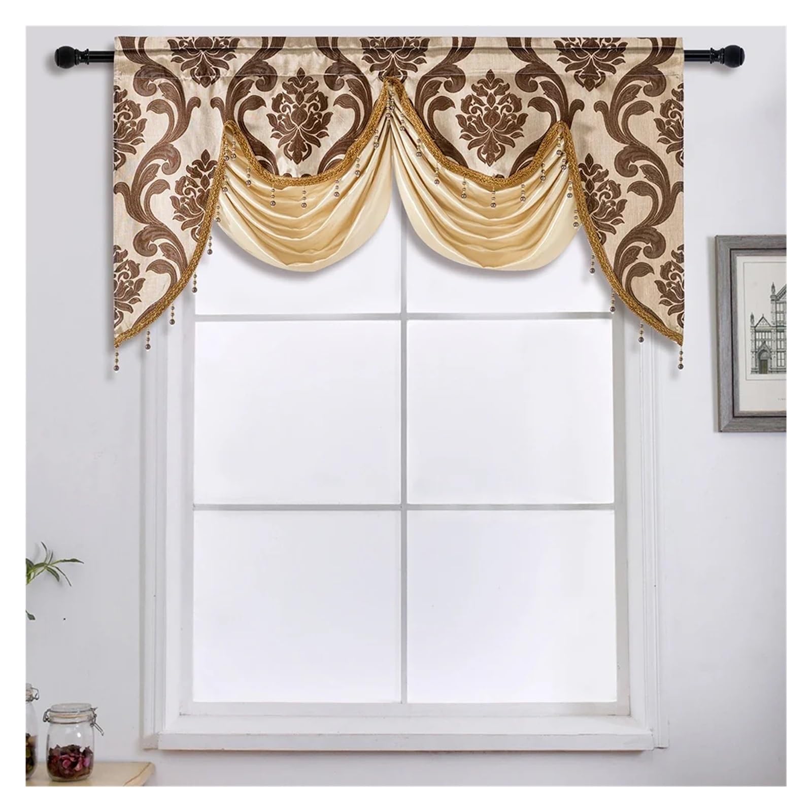 MFESFCS Swags For Windows Tassel Floral Window Valance For Living Room Luxury Jacquard Fabric Curtain Head Home Decor 1PC(Brown)