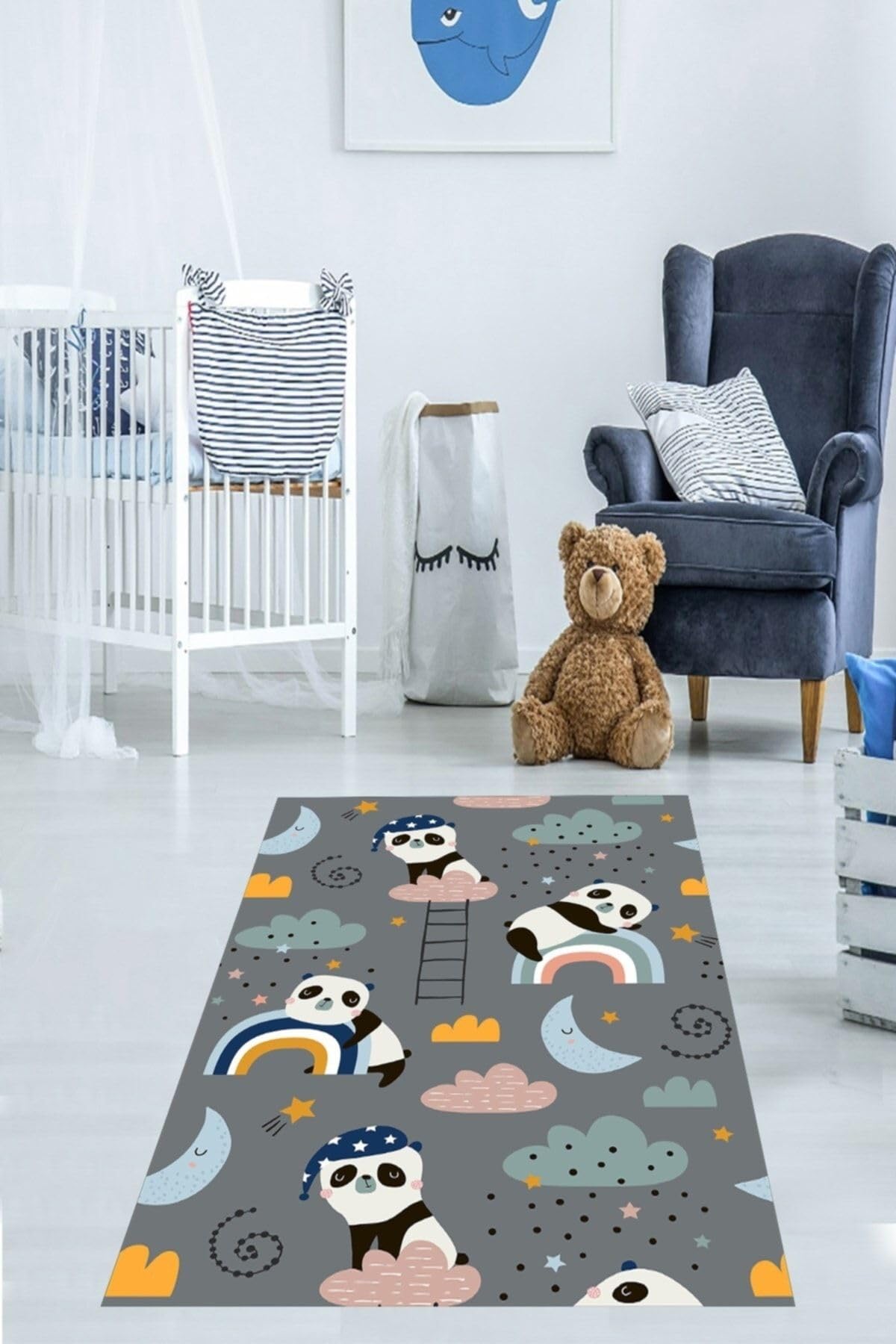 Pelangi Panda Gökkuşağı Bulut Desenli Dijital Baskı Yıkanabilir Kaymaz Taban Leke Tutmaz Çocuk Odası Halısı, Gri-Mavi 160 x 300