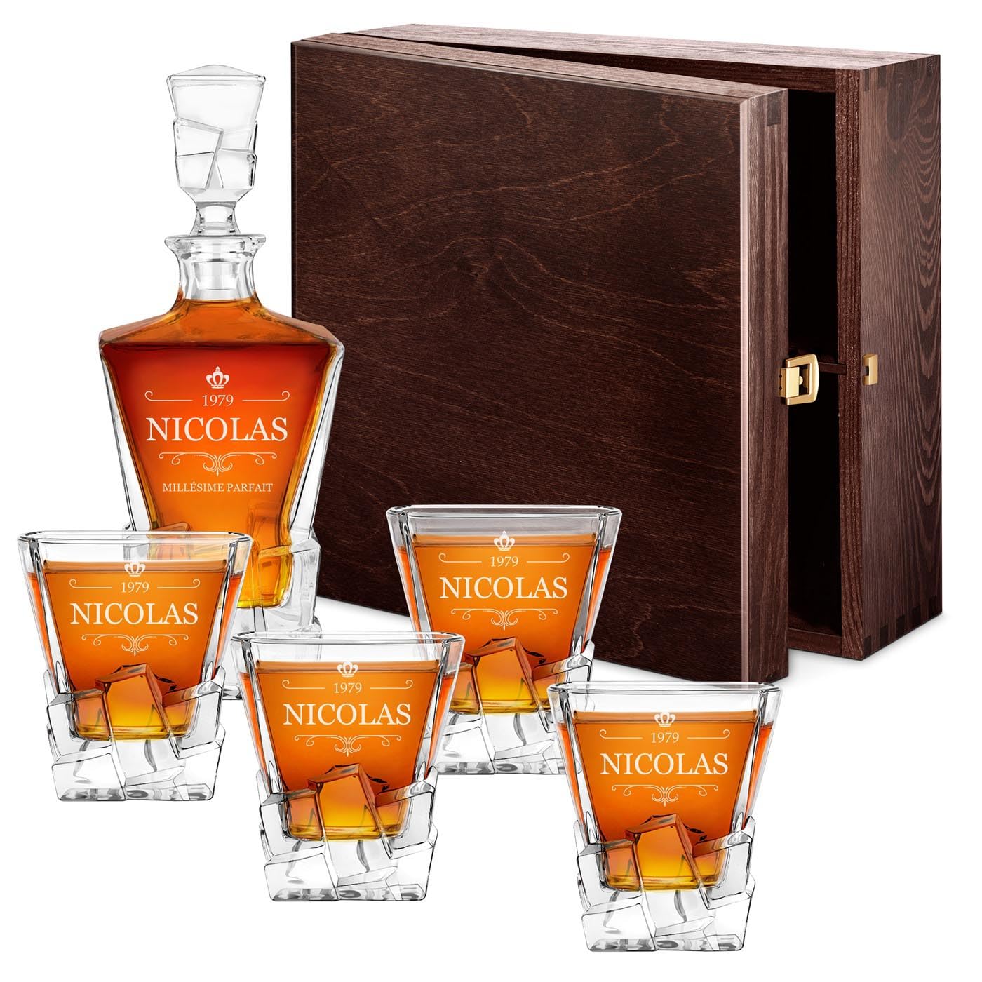 Maverton Carafe et 4/6 verres gravés - Ensemble personnalisé Cadeau Anniversaire Homme - Set élégant pour lui Carafe whisky 950ml au design unique - Verre a whisky - Cadeau Homme connaisseur -Couronne