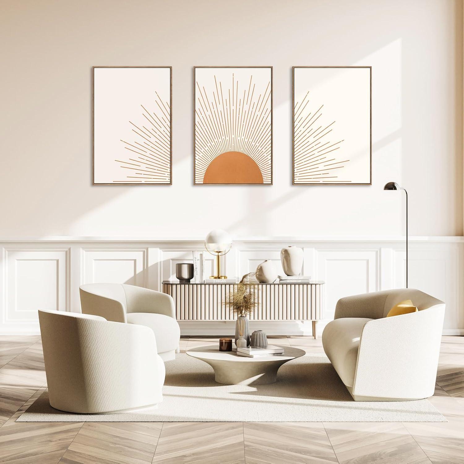 Gisipameis Boho Minimalist Wall Art Set of 3 Framed Canvas Prints with Sun Rising on the Horizon Mid Century Modern Neutral Home Decor Bohemian Style for Living Room Bedroom Bathroom Office 16x24in