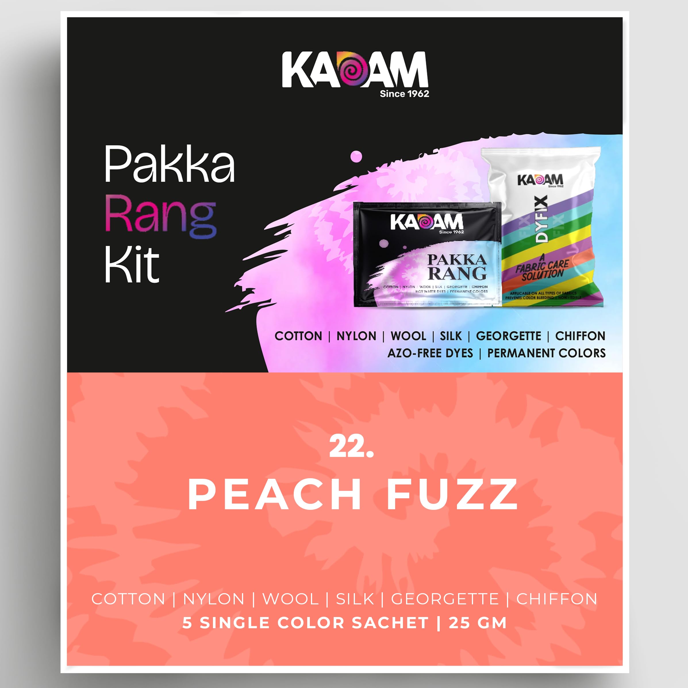 Kadam Pakka Rang Fabric Dye Colour | 25g Pack | Includes DyFix Color Fixer | Permanent Fabric Dyes for Old Faded Jeans and Clothes (Peach Fuzz)