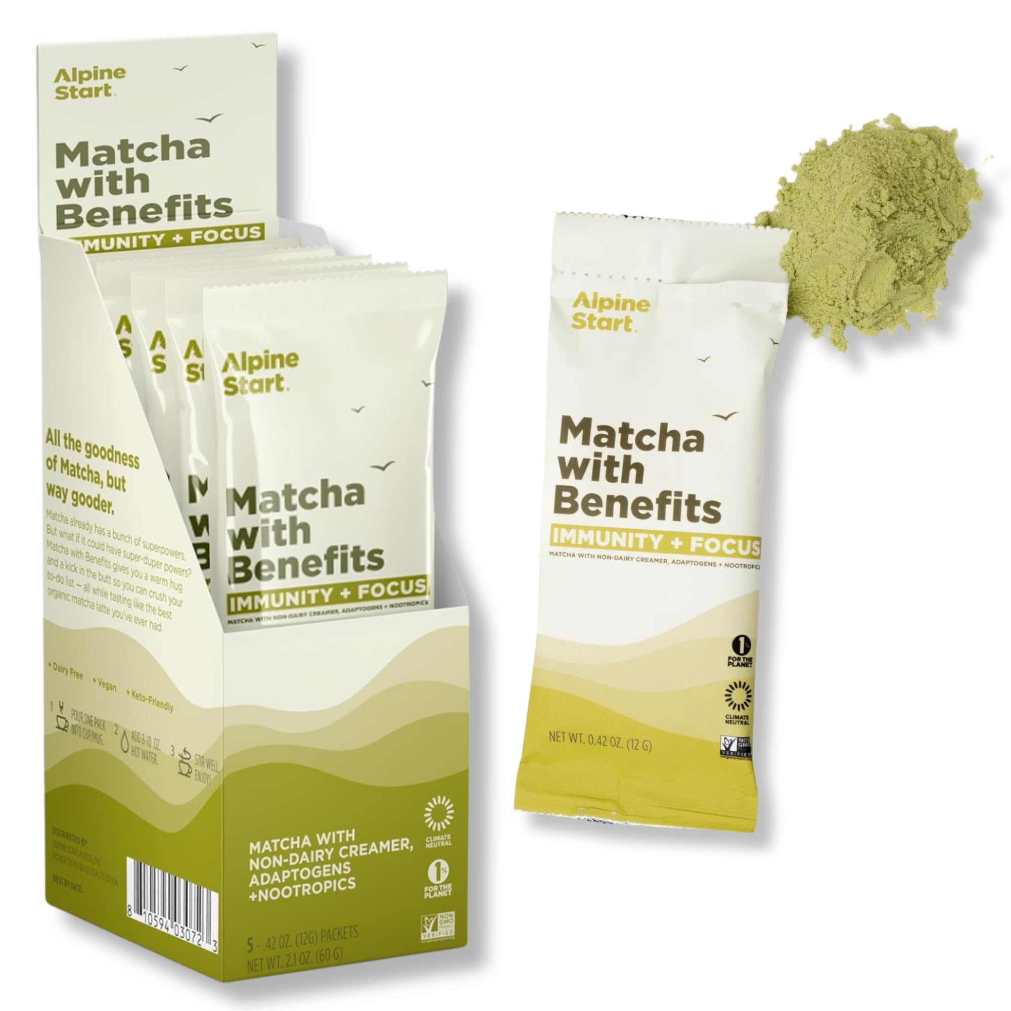 Alpine StartInstant Matcha Tea with Benefits - Individual Packets with Organic Matcha Powder, Lion's Mane and Reishi Mushroom + Vegan Vitamins D and A for Immunity + Focus (0.42 OZ Sticks) Box of 5